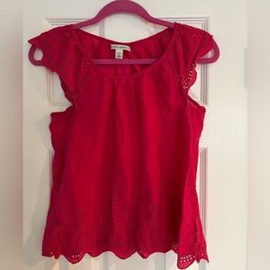 Banana Republic Top Blouse 100% Cotton Eyelet Trim Cap Sleeve Hot Pink petite S
